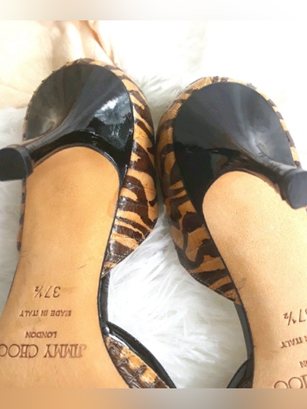Jimmy Choo D'Orsay Animal Print Snake Stripe Peep Toe Heels 37.5 US 7.5 Worn 2x - Picture 4 of 13